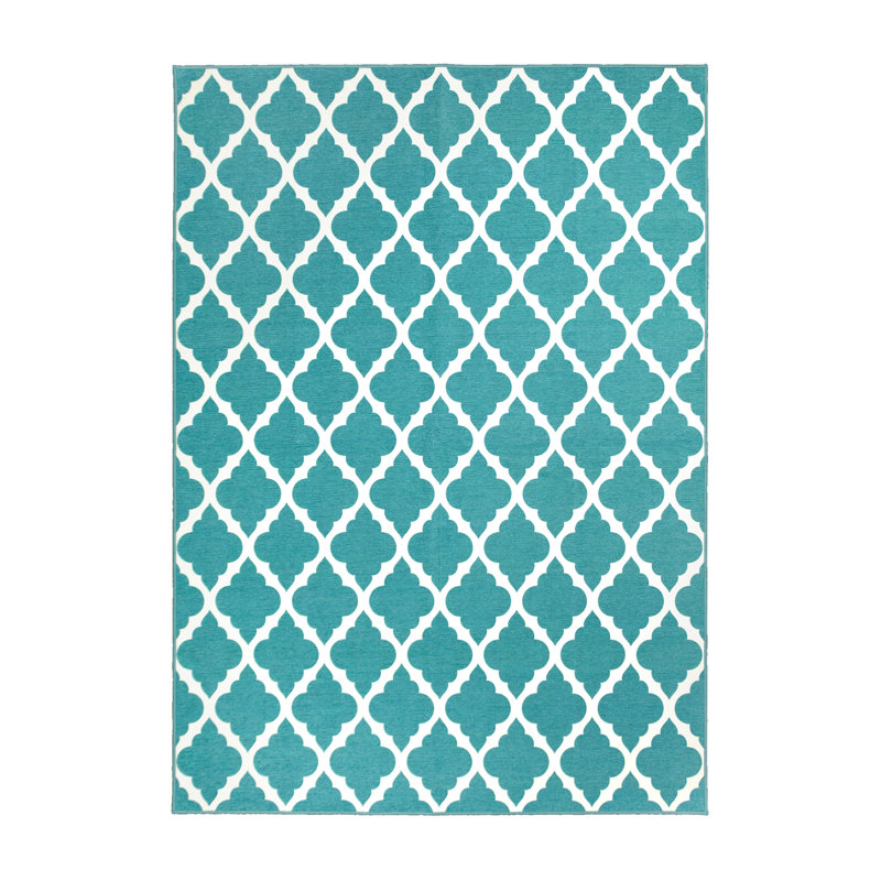 Tapis treillis marocain bleu sarcelle / blanc, Rectangle 5 pi x 7 pi