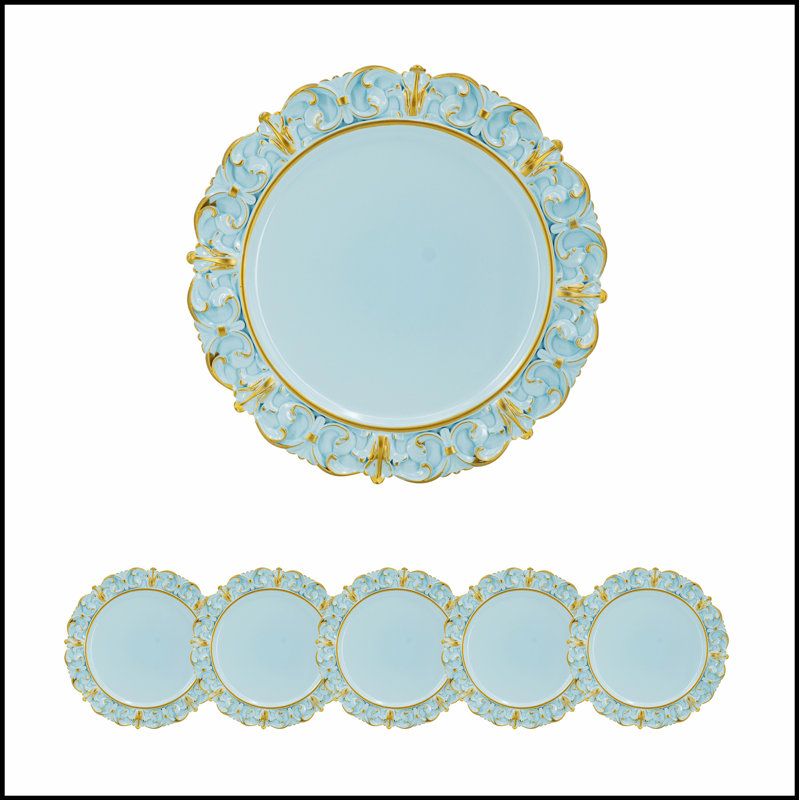 Ensemble de 6 assiettes de présentation en plastique, D14 po, Bleu / doré