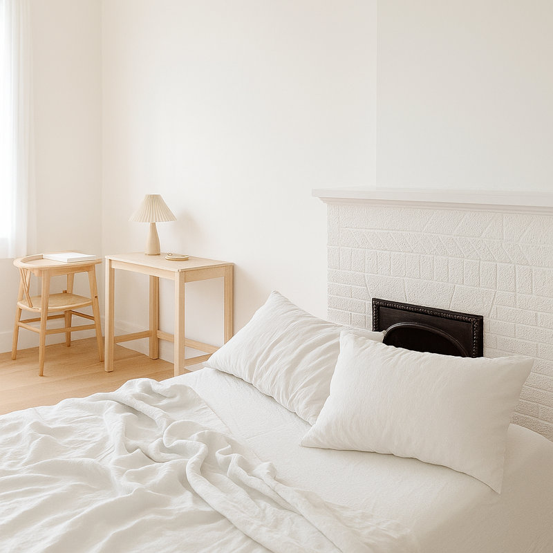 Ensemble de draps 80% Tencel 20% lin français 4 pièces de couleur blanche et beige, Blanc