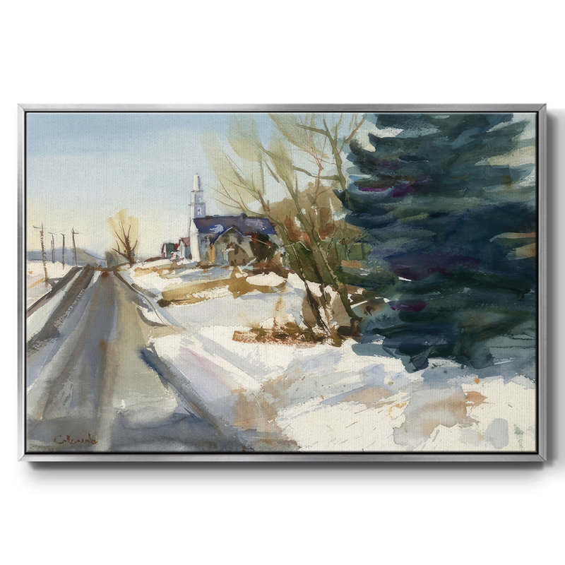 Église paroissiale en hiver, Encadrement argenté, H 25 po x l 37 po x P 1,5 po