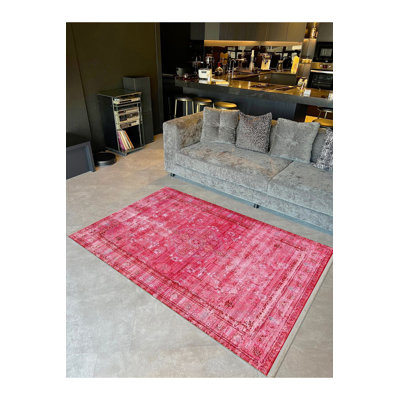 Tapis décoratif rose traditionnel lavable à la machine