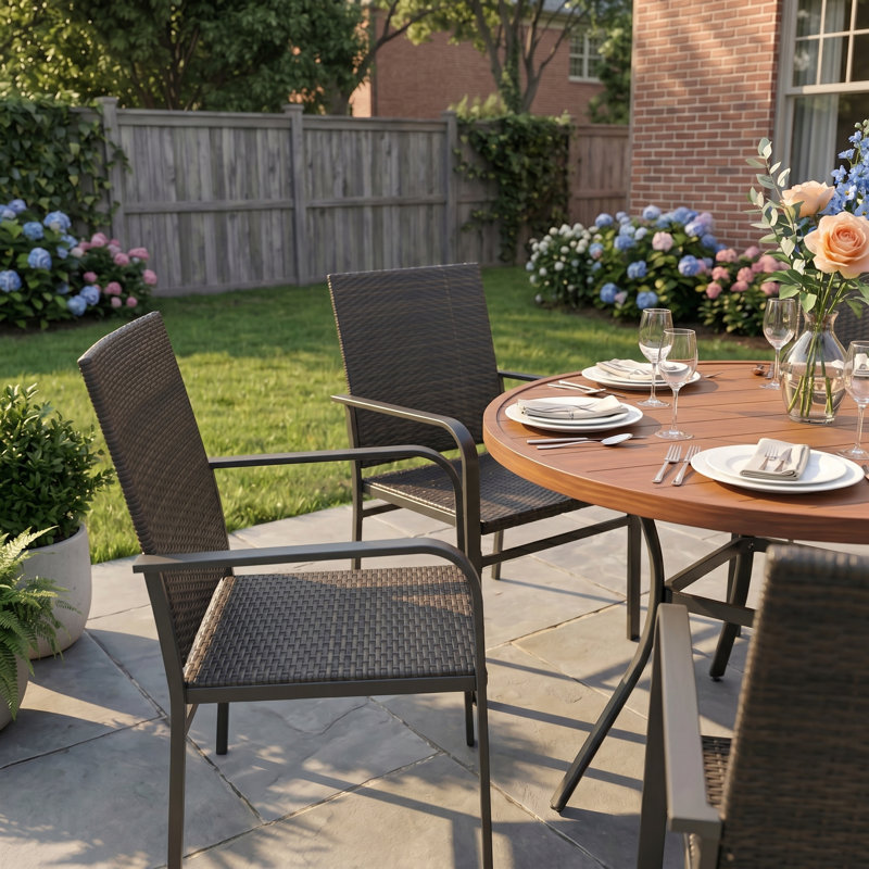 6-Person Round Patio Dining Set With Wicker Rattan Chairs, Brush Wood Brown