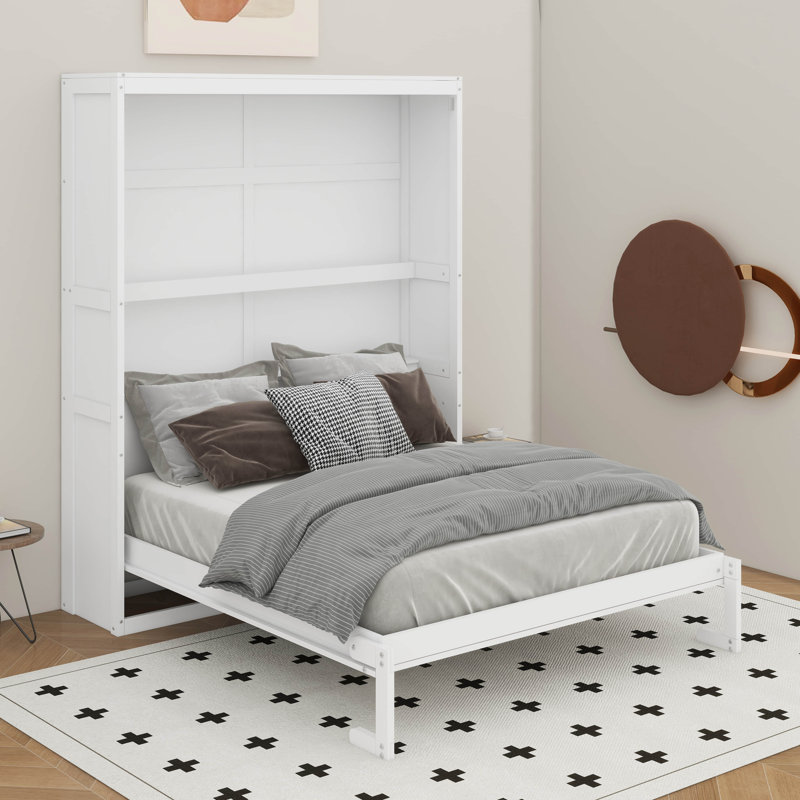Grand lit escamotable mural avec tablettes, Blanc