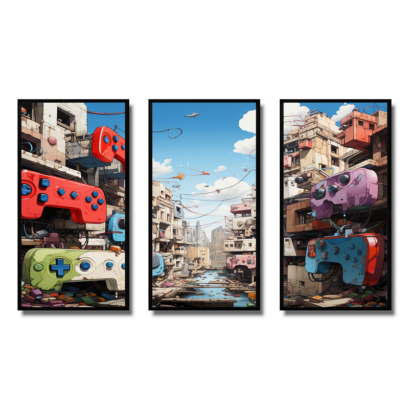 Pop Gaming Controllers Dreamscape - Art mural de jeux vidéo, H 28 po x l 36 po, Cadre flottant noir