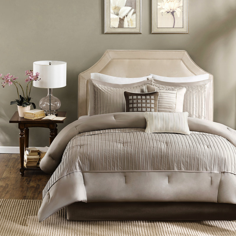 Édredon 7 pièces - Taupe très grand lit Charmeuse Coussins décoratifs brillants Lavable à la machine