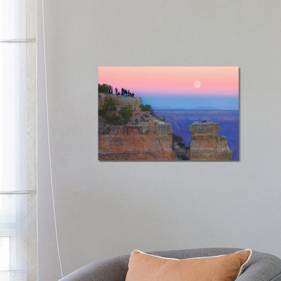 Tourists Enjoying Sunset and Rising Full Moon at Yaki Point, Grand Canyon National Park, Arizona 1 Piece Wrapped Canvas Wall Art
