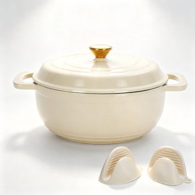 Cocotte ronde en fonte émaillée de 5 pintes avec couvercle et maniques en silicone, couleur blanc céramique
