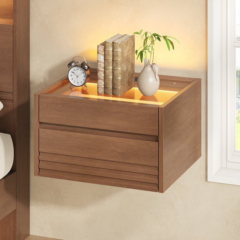 2-drawer Wall-mounted Floating Nightstand With Charging Station & Led Lights