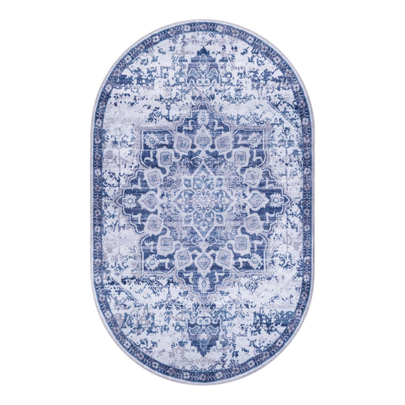 Matsumura Oriental Gray/Blue Area Rug, Oval 3'3" x 5'3"