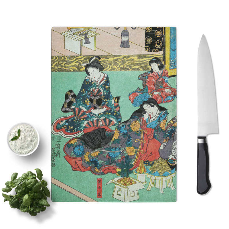 Tempered Glass Seated Girls by Utagawa Kunisada Chopping Board, 20 cm x 28.5 cm