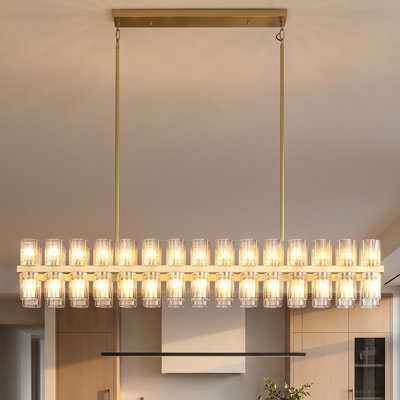 Lustre 60 lumières en cristal moderne avec abat-jour en verre nervuré transparent