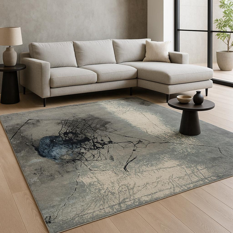 Tapis bleu abstrait noué à la main 8 pi x 10 pi