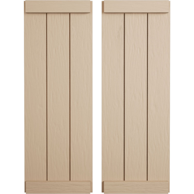 Volets rustiques en faux bois à trois planches jointes avec lattes (par paire), Texture sciée brute / brun clair apprêté, 16"