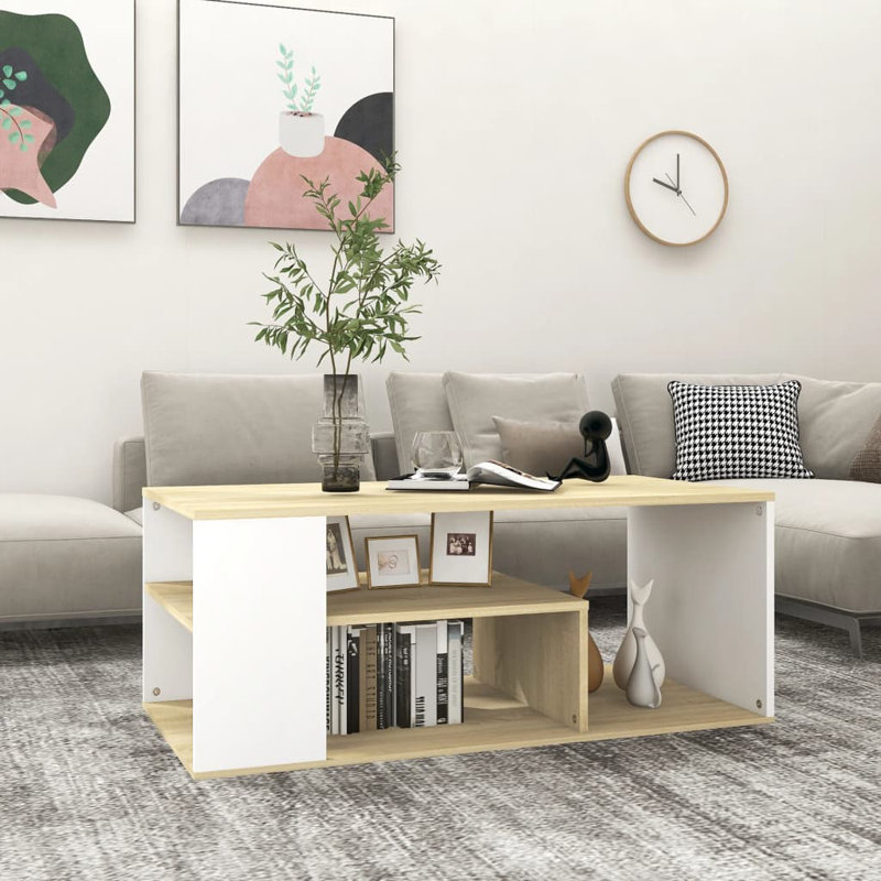 Table basse simple avec cadre en bois manufacturé avec rangement, Blanc / Chêne de Sonoma