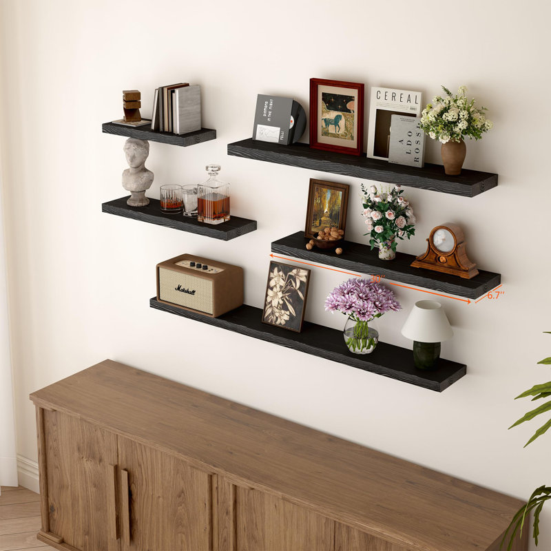 Solid Wood Floating Shelves，Rustic Wooden Wall Shelves, Black, 1.25" H x 30" W x 6.7" D
