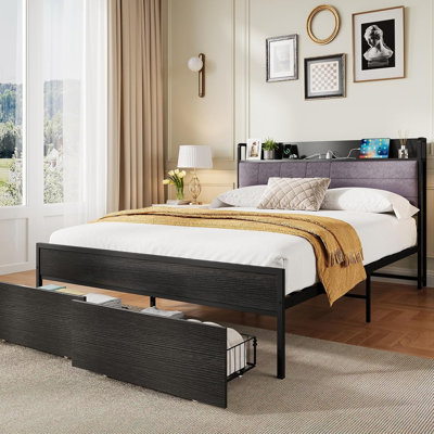 Cadre de grand lit avec tête de lit, cadre de lit plateforme noir avec rangement, cadres de lit robustes avec 2 tiroirs de rangement, cadre de lit noir avec station de charge, aucun sommier nécessaire