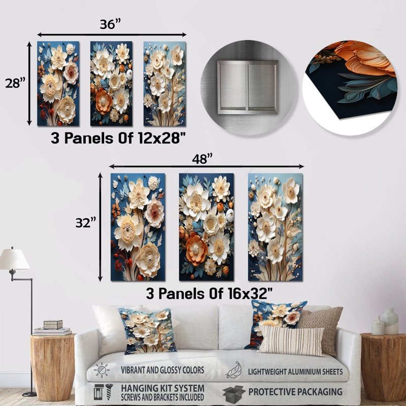 Jardin zen beige et bleu - Ensemble de 3 impressions métalliques de plantes, H 32 po x l 48 po