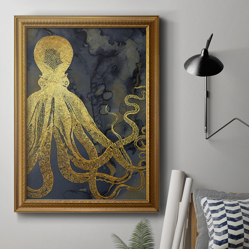 Octopus Ink Gold & Blue I, toile encadrée de qualité supérieure - prête à être accrochée, H 36 po x l 24 po