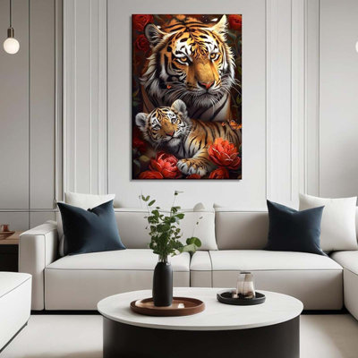 Tiger Wall Art Tiger Mom With Cub Picture Wild Animal With Flower Painting Canvas Prints