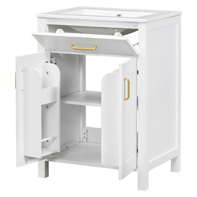 Meuble-lavabo double de 48 pouces avec lavabos en céramique, finition peinte, porte à fermeture en douceur et tablette réglable en forme de U pour une organisation de salle de bain moderne et efficace avec tiroir rabattable, poignées dorées A