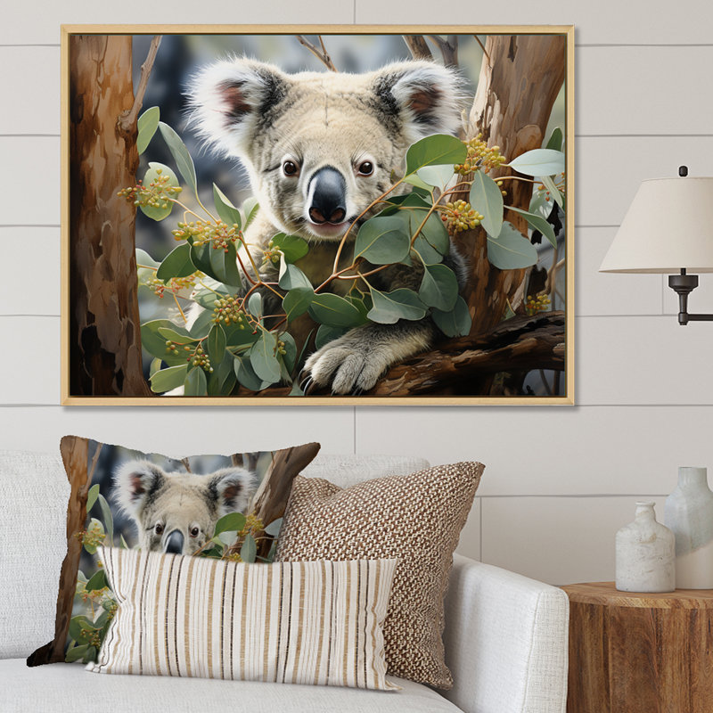 Aquarelle, arbre koala, observateur 2 - art mural koala, Cadre flottant blanc, H 16 po x l 32 po x P 1 po