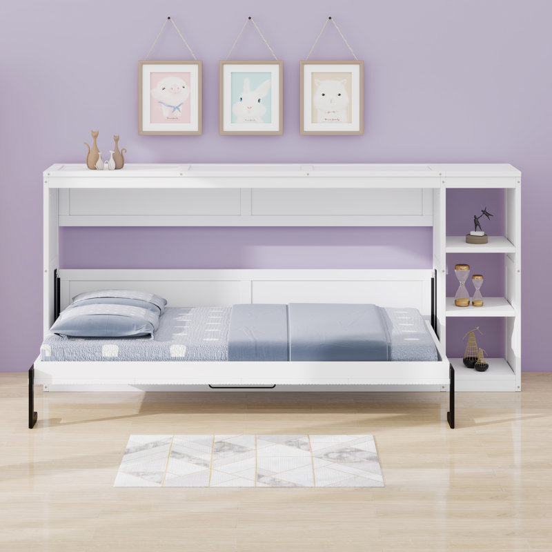 Lit armoire mural en bois intégré avec tablettes, Blanc