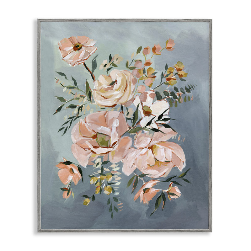 Roses brossées sur giclée encadrée bleue, conception par Annie Quigley, H 14 po x l 11 po, Estampe numérique Farmhouse