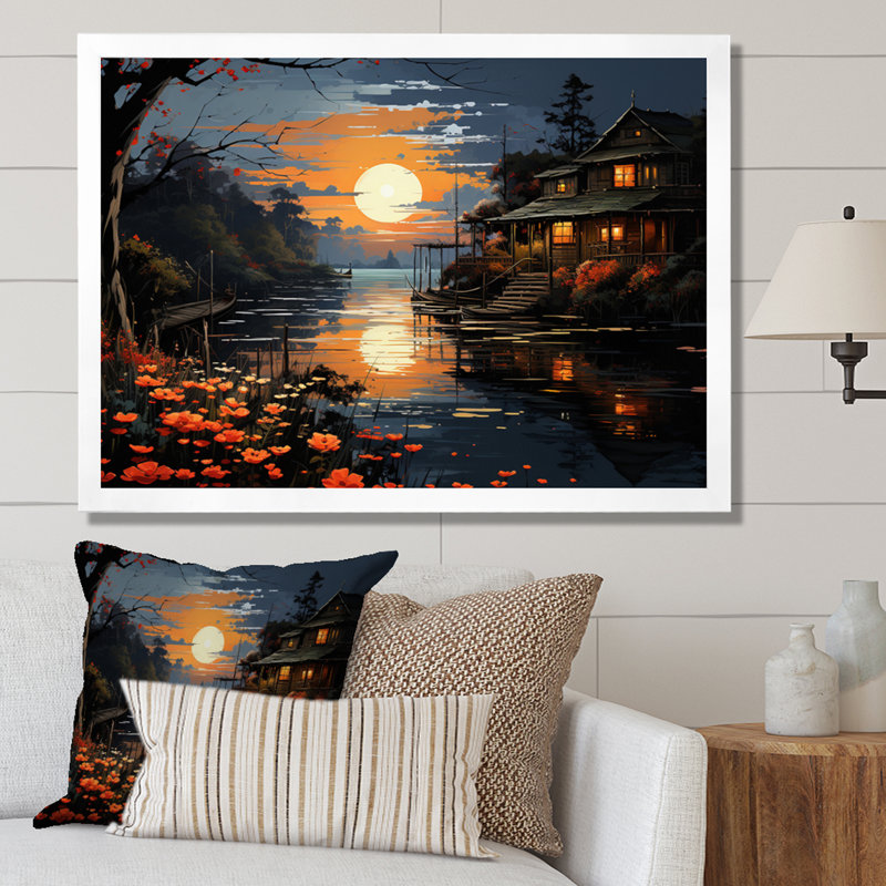 «Lakehouse Dockside Serenade Pointillism II», reproduction sur toile, Cadre photo blanc, H 16 po x l 32 po x P 1 po