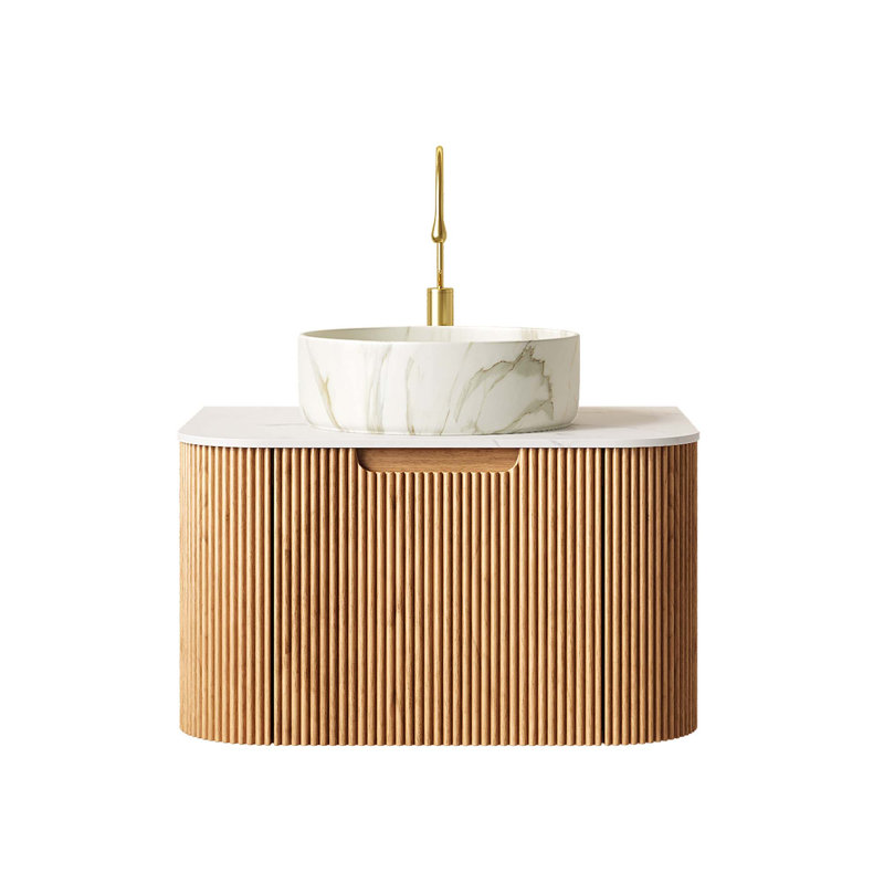 Meuble-lavabo de salle de bain 24 po avec lavabo, armoire de rangement murale rayée à bords arrondis avec tiroir, lavabo en céramique avec motif de pierre, pré-assemblé