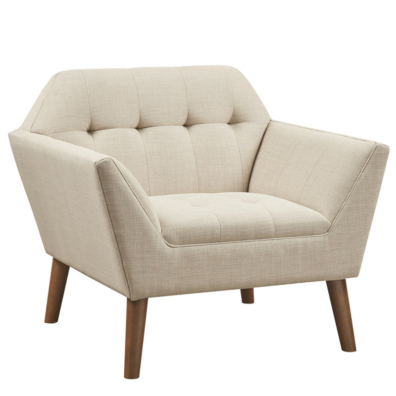 Méridienne bouton Mid-Century, accoudoirs très confortables, pieds en bois de pacane massif, revêtement beige, accoudoir l 37 po x P 29,5 po
