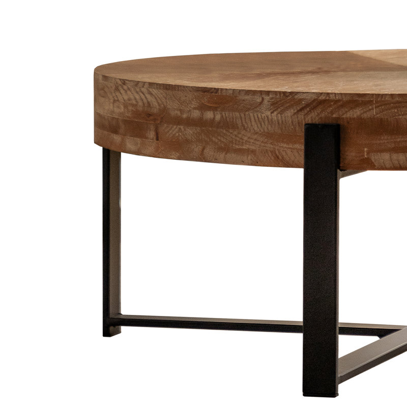 Table basse ronde rétro avec plateau en bois de sapin et pieds croisés, 13.38" H x 31.29" W x 31.29" D, Black