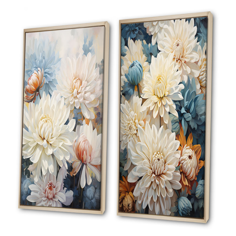 «White Mums In Blue Dream», ensemble de 2 reproductions d'art sur toile, H 28 po x l 25 po, Encadrement brun