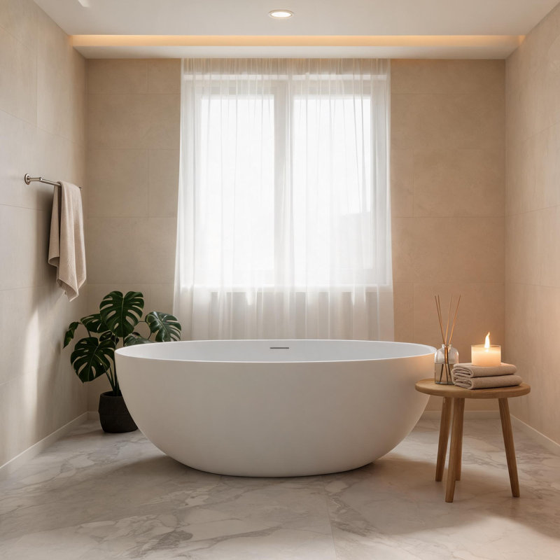 Baignoire profonde de 55 po à surface solide blanc mat avec contour antidérapant