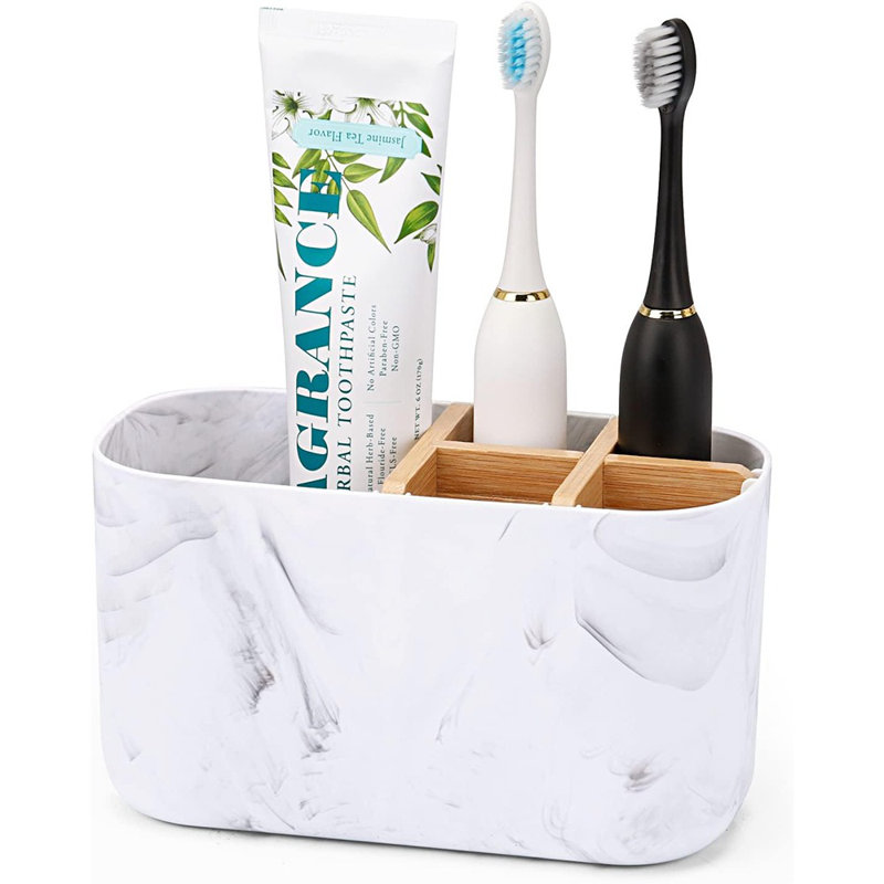 Porte-brosses à dents pour salle de bain, porte-brosse à dents en bambou à 5 fentes et porte-dentifrice pour rangement d'accessoires de comptoir de salle de bain, organisateur de brosse à dents en marbre
