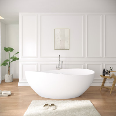 63" x 37" Freestanding Solid Surface Bathtub Soaking Tub Engineered Stone Resin with Overflow Hole & Pop‑up Drain, Matte White