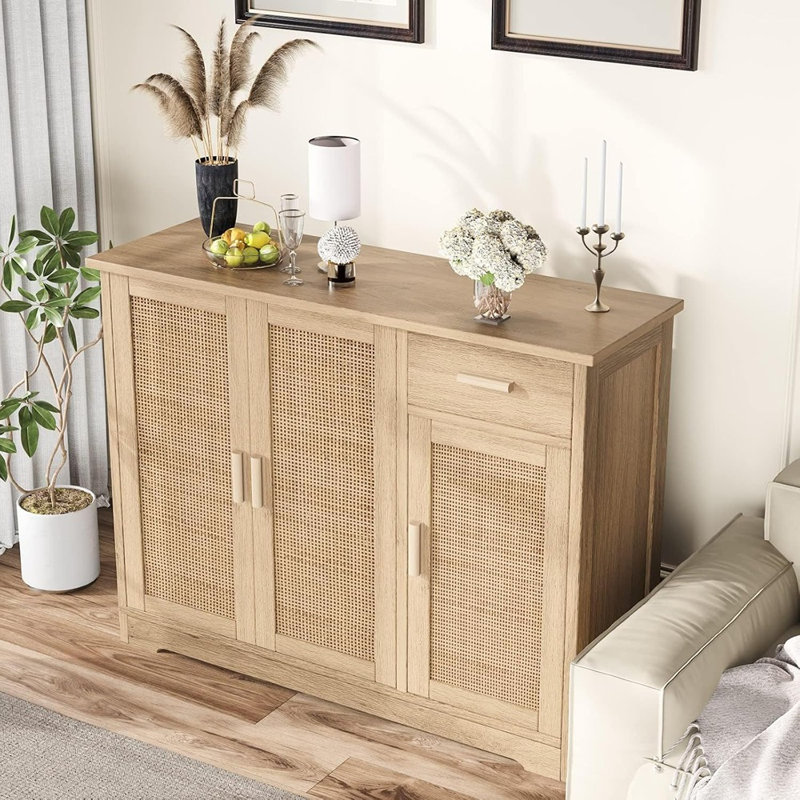 Buffet en rotin avec tiroir et portes - Naturel