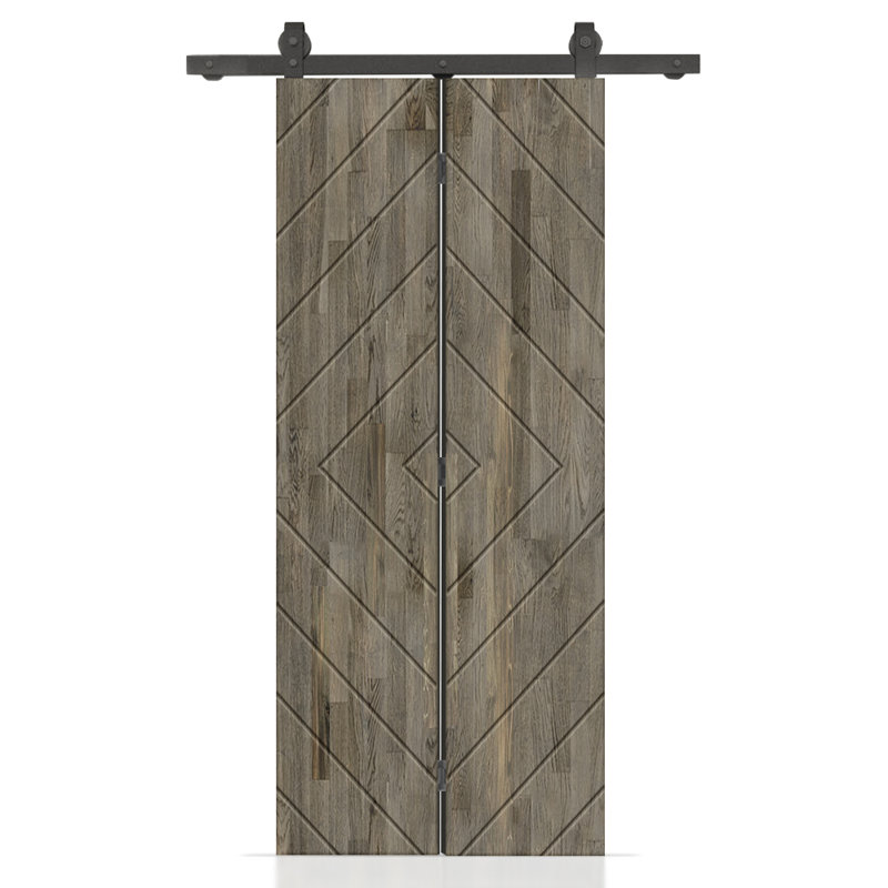 Porte de grange pliante en bois de pin teinté avec quincaillerie coulissante, 32" x 84", Gris météo
