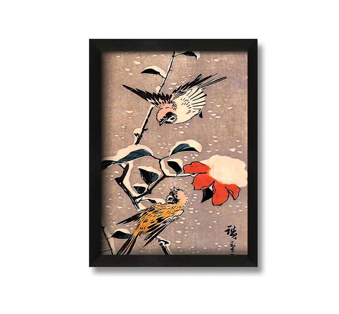 Gerahmtes Leinwandbild Hiroshige Sparrows and Camelias with Snow