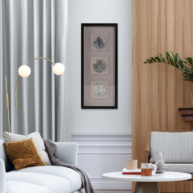 Aldora Canvas Art Stone And Frame Three Circular Inlays Vertical Wall Decor For Home Office Bedroom Or Living Room Casual Style Framed Textured Contemporary Design - 28" Brown