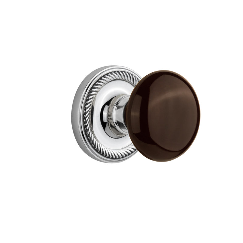 Rosette corde avec bouton de porte en porcelaine brune, 2 3/4 po, Chrome brillant