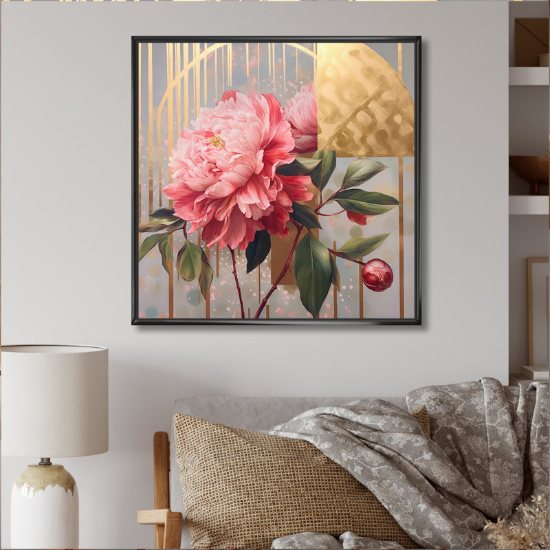 Perfection de la pivoine rose et jaune sur toile, Cadre flottant noir, H 16 po x l 16 po x P 1 po