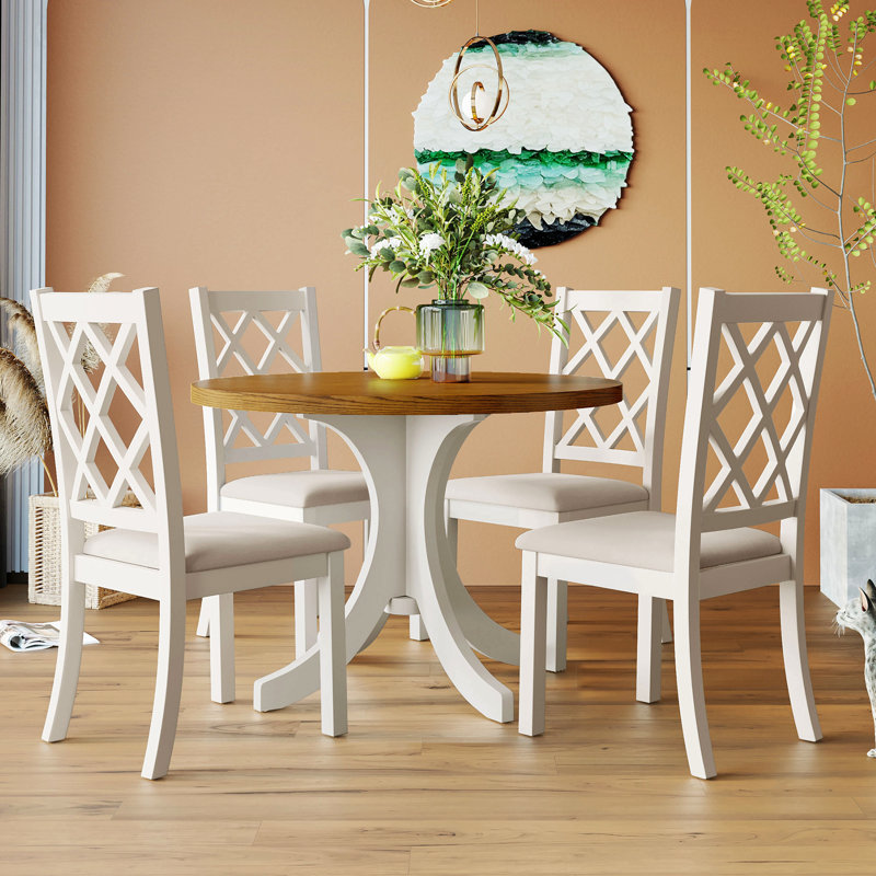 Ensemble de table de salle à manger 5 pièces, Blanc / beige, Noyer