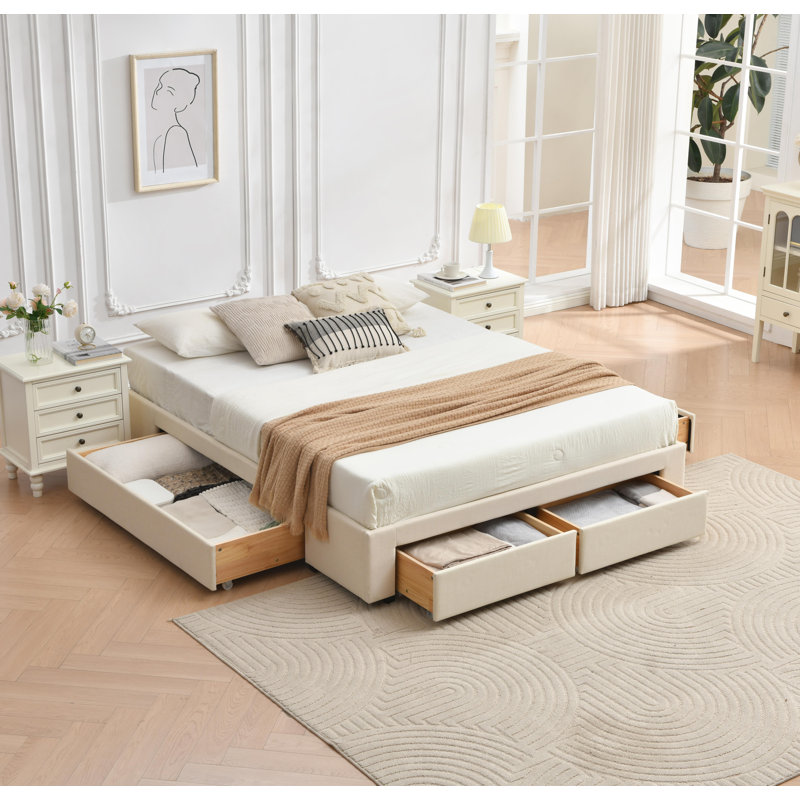 Lit plateforme avec rangement 4 tiroirs, Beige, Full / Double
