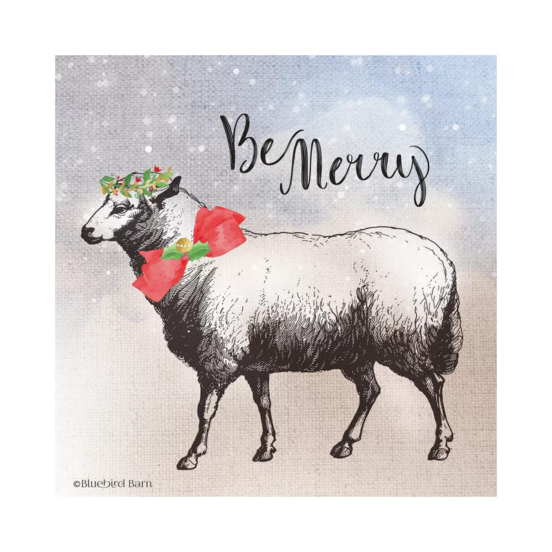 Vintage Christmas Be Merry Sheep by Bluebird Barn - Wrapped Canvas Painting, 30.48 cm H x 30.48 cm W