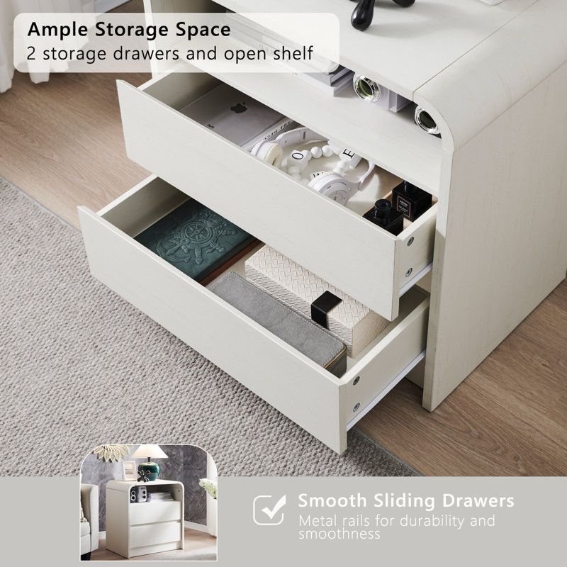 25" Tall Modern End Table with Charging Station, 23.6'' Wide Wood Bedside Table w/2 Storage Drawers, White, 1