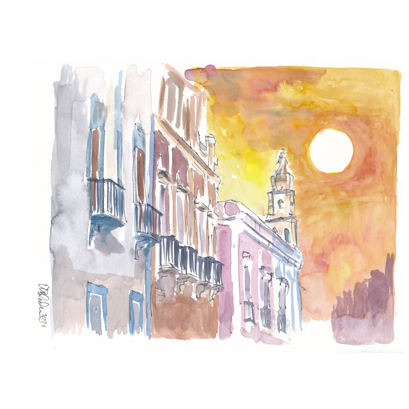 Campeche Colonial Street Scene in Mexico Watercolour Painting Print, 24" H x 32" W, Wrapped Canvas