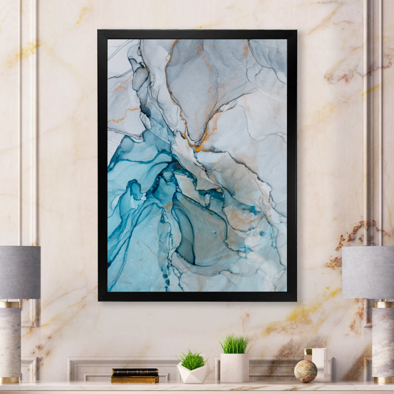 «Gray Meets Blue Marble Art Ripples III», reproduction d'art moderne sur toile, Toile avec cadre photo noir
