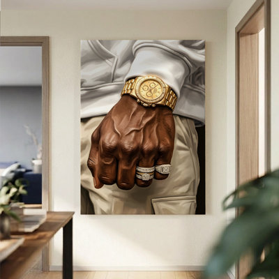 1Pc Framed Canvas Poster Print Hand adorned with a gold watch and rings, detailed texture, Digital Art Style. Wall Art Decor, Perfect for Room Decor Living Room Bedroom Office Kitchen Bathroom Home Decor, Ideal Home Wall Decoration Gift, 2D Flat
