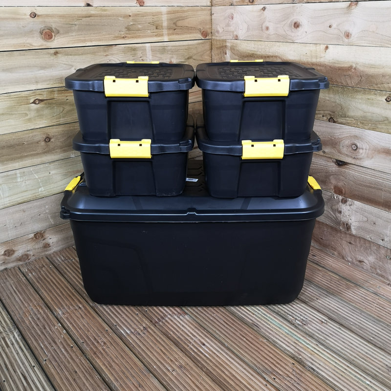 Bulkley 1 X 145L AND 4 X 24L Heavy Duty Trunks 1 On Wheels Sturdy, Lockable, Stackable And Nestable Design Storage Chest With Clips In Black