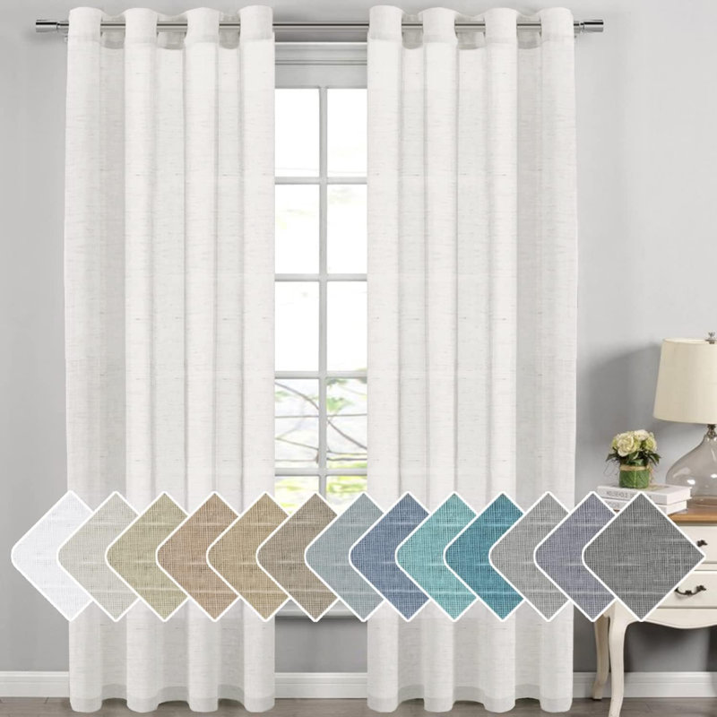 Hywell Soft Linen Plaid Semi-Sheer Grommet Curtain Panels, White, 52'' W x 108'' L